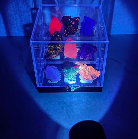 Fluorescent Mineral Specimens, Glowing Under UV, Rare Collectibles, 9 Glowing Rocks with Display Case in Saudi Arabia