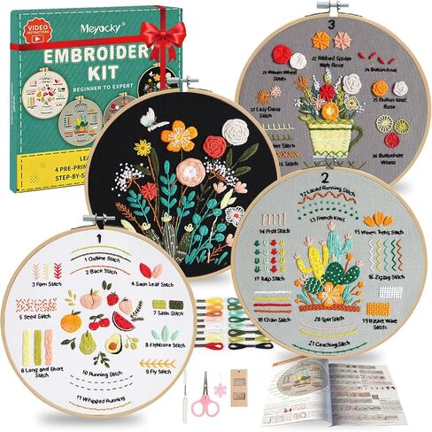 Embroidery Kit for Beginners, 4 Pack Cross Stitch Kits for Adults with Stamped Patterns Hoop Threads Needles, Step-by-Step Video Learn 31 Stitches, Hand Embroider Crafts DIY Needlepoint Sewing Gift in Kuwait
