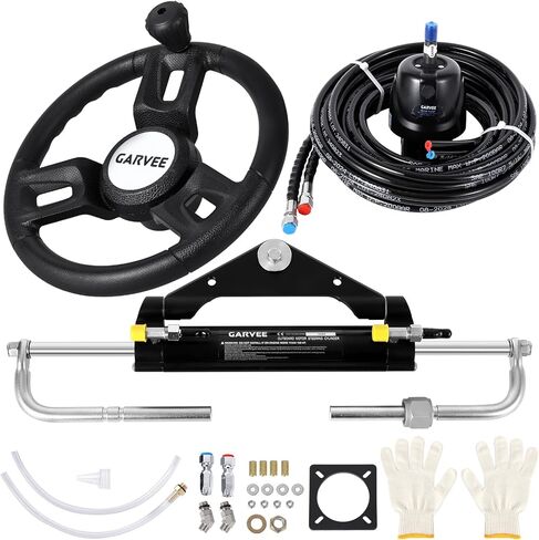 Complete Hydraulic Kayak Steering Kit – 300HP Capacity, 13.5" Steering Wheel, Dual 20FT Marine-Grade Hoses, Aluminum Build, Comprehensive for Watercraft in Kuwait