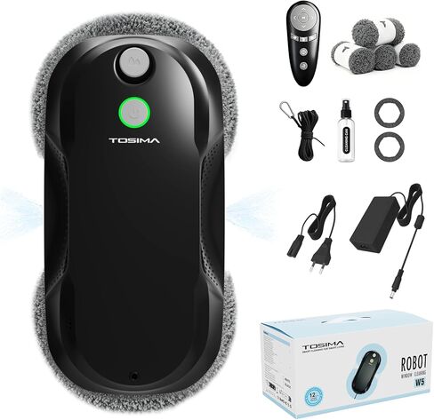 روبوت تنظيف النوافذ Tosima W5، منظف النوافذ الذكي بالرش التلقائي ثنائي الاتجاه مع نظام أمان ثلاثي، ملاحة ذكية، جهاز تحكم عن بعد، لجميع الأسطح الملساء، مع 8 قطع قماش، مكانس روبوتية بيضاء in Kuwait