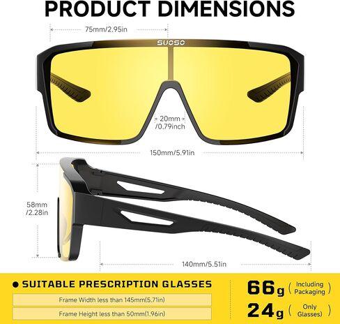 نظارات Suoso Night Vision للقيادة تناسب النظارات - نظارات ليلية مستقطبة مضادة للوهج باللون الأصفر للرجال والنساء in Kuwait