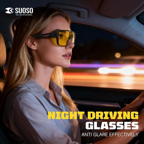 نظارات Suoso Night Vision للقيادة تناسب النظارات - نظارات ليلية مستقطبة مضادة للوهج باللون الأصفر للرجال والنساء in Kuwait