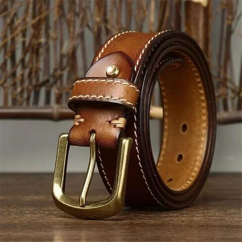 Men's Leather Belt - 3.8 cm Solid Cowhide with Brass Buckle, Korean Inspired Design in Kuwait