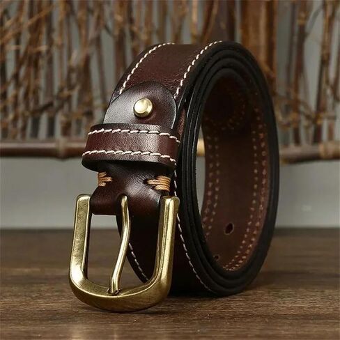 Men's Leather Belt - 3.8 cm Solid Cowhide with Brass Buckle, Korean Inspired Design in Kuwait