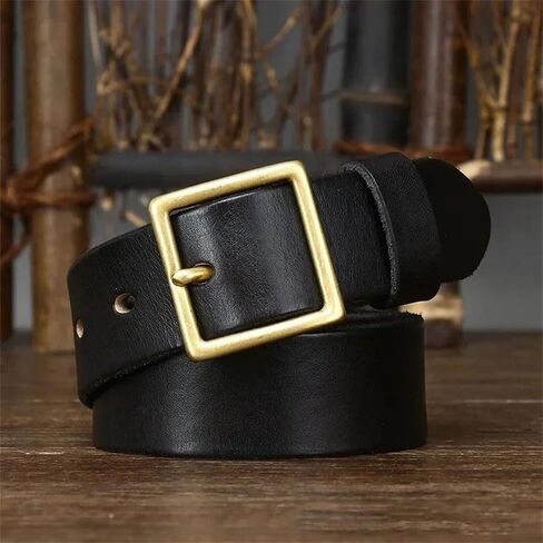 Unisex Leather Belt - 3.3 cm Solid Cowhide with Brass Buckle, Matching Set in Saudi Arabia
