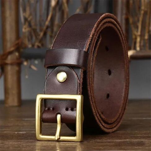 Unisex Leather Belt - 3.3 cm Solid Cowhide with Brass Buckle, Matching Set in Saudi Arabia