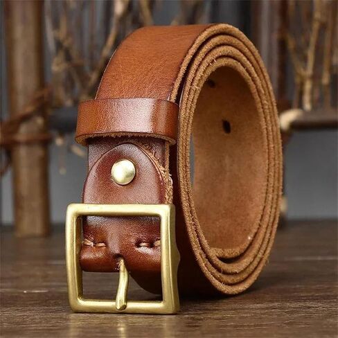 Unisex Leather Belt - 3.3 cm Solid Cowhide with Brass Buckle, Matching Set in Saudi Arabia