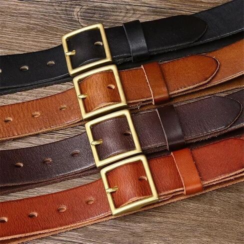 Unisex Leather Belt - 3.3 cm Solid Cowhide with Brass Buckle, Matching Set in Saudi Arabia