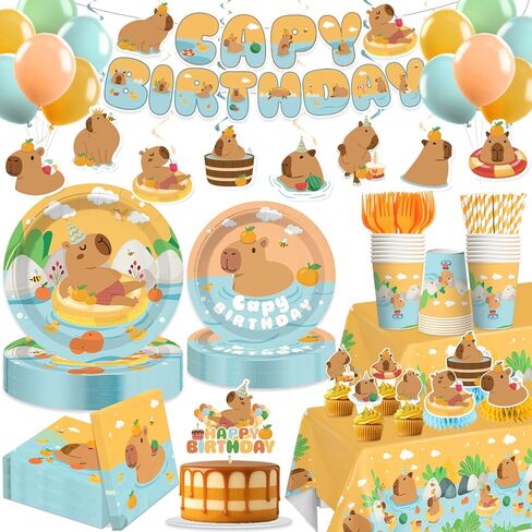 171 PCS Capybara Birthday Decorations Tableware Set, Includes Banner, Cake Topper, Balloons, Plates and Napkins for Capybara Birthday Party, Service 20 Guests in Kuwait