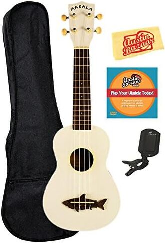 Kala MK-SS-WHT Makala Shark Soprano Ukulele - حزمة بيضاء رائعة مع حقيبة Gig، موالف، DVD تعليمي Austin Bazaar، وقطعة قماش تلميع in Kuwait