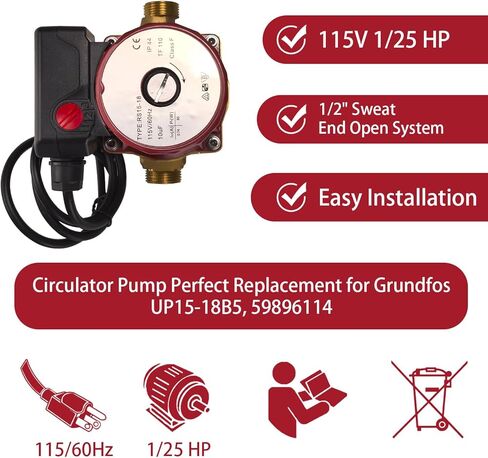 مضخة دائرية UP15-18B5 59896114 115 فولت، 1/25 HP، 1/2 بوصة نظام مفتوح لنهاية العرق مناسب لدوارة الماء الساخن Grundfos UP15-18B5 in Kuwait