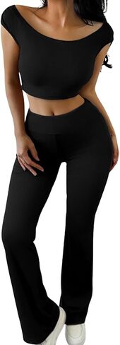 2 Piece Sets for Women Summer Travel Vacation Workout Sets Boat Neck Crop Tops Elastic Waist Leggings Pants Loungewear in Kuwait