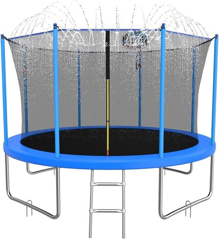 ACWARM HOME 10FT/12FT/14FT ترامبولين خارجي للأطفال والكبار - ترامبولين مع طوق كرة سلة ورشاش - مضاد للصدأ - معتمد من ASTM - أزرق in Kuwait