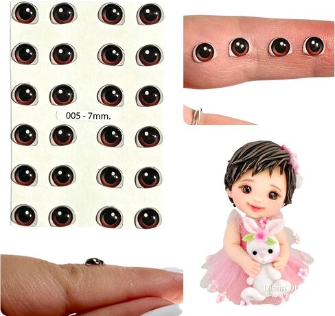 3D Resin Adhesive or Self-Adhesive Eyes for All Types of Materials, Crafts, Decoration - 12 Pairs in Brown, 7mm Wide, (Measurement 7mm Wide x 5.8mm high) in Kuwait