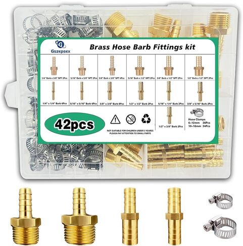 42PCS Brass Hose Barb Fittings Kit 1/4" 5/16" 3/8" 1/2" Barbed Splicer(28Pcs), Barb to NPT Male Thread Adapter(14Pcs) with 70Pcs Hose Clamps for Water Fuel Air Line Connector Fitting in Kuwait