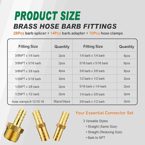 42PCS Brass Hose Barb Fittings Kit 1/4" 5/16" 3/8" 1/2" Barbed Splicer(28Pcs), Barb to NPT Male Thread Adapter(14Pcs) with 70Pcs Hose Clamps for Water Fuel Air Line Connector Fitting in Kuwait