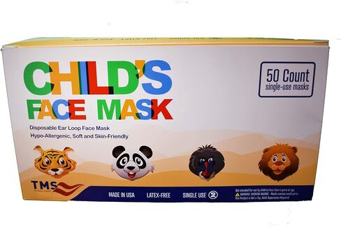 TMS Child Series 3-Layer Face Mask, Disposable Small Mask, Single-Use, 50-Count, Made in USA, Breathable, Soft, Hypoallergenic, Latex-Free in Kuwait