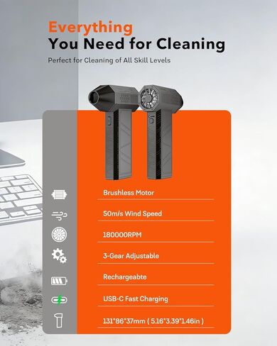 Compressed Air Duster, 180000RPM Electric Air Duster, Rechargeable Cordless Air Blower with 3-Gear Turbo Fan, Canned Air Alternative for Keyboard, PC, Computer, Car, Home & Outdoor Use (Pure Black) in Saudi Arabia