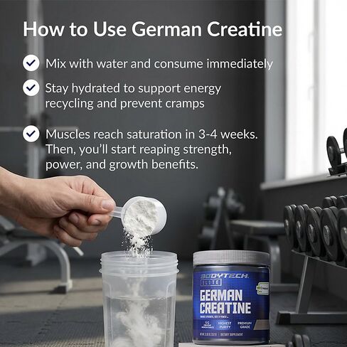 BodyTech Elite German Creatine with Creapure®, Creatine Monohydrate Powder for Strength, Size & Power, 5g per Serving, Unflavored, Gluten Free, 11.01 oz, 60 Servings in Saudi Arabia