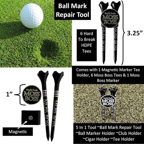 Keyfit Tools Moss Boss Golf Divot Ball Mark Repair Tool 4 in 1 Tool Uses 2 Tees & A Ball Marker As A Repair Tool ~Save Space in Your Pocket ~No Need to Carry a Divot Tool ~Club Holder in Kuwait