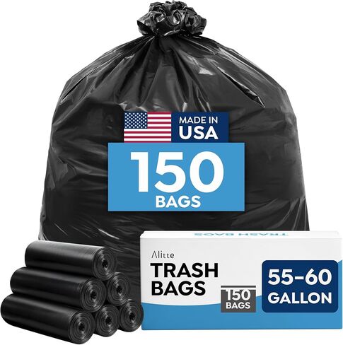 Large Trash Bags 55-60 Gallon | 150 Count, Heavy Duty Black Garbage Bags | Unscented, Leak Proof, Bulk Pack for Office, Industrial & Commercial Use - Made in USA in Kuwait