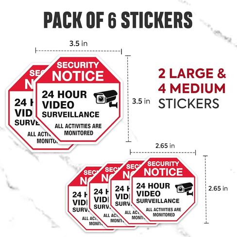 Video Surveillance Sticker (6 Pcs), (TWO SIZES, 2 LARGE 3.5" & 4 MEDIUM 2.65") – Strong Adhesive, Durable, Waterproof Security Signs – Perfect For Indoor & Outdoor Use To Secure Your Business, Home, Vehicle, etc. in Saudi Arabia