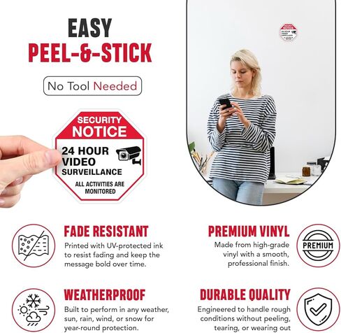 Video Surveillance Sticker (6 Pcs), (TWO SIZES, 2 LARGE 3.5" & 4 MEDIUM 2.65") – Strong Adhesive, Durable, Waterproof Security Signs – Perfect For Indoor & Outdoor Use To Secure Your Business, Home, Vehicle, etc. in Saudi Arabia