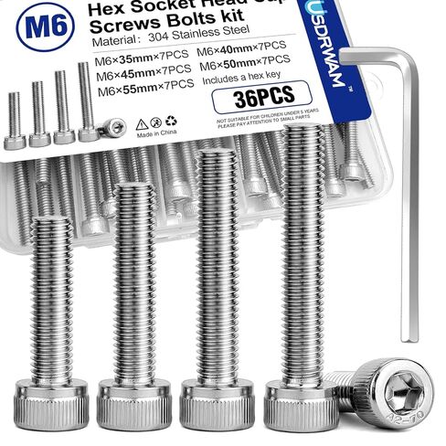 35Pcs M6 Hex Socket Head Screws, Stainless Steel Full Thread Bolts Assortment Kit in 35mm, 40mm, 45mm, 50mm, 55mm in Kuwait
