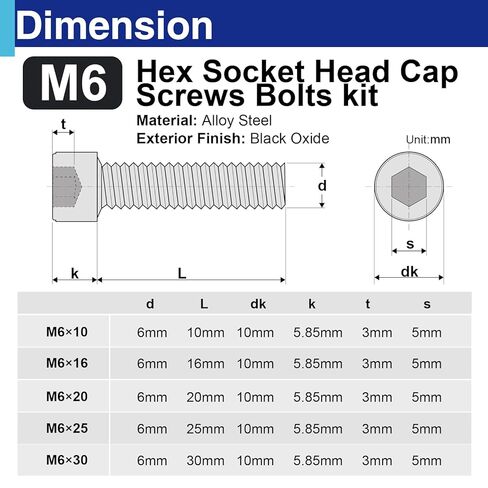 35Pcs M6 Hex Socket Head Screws, Stainless Steel Full Thread Bolts Assortment Kit in 10mm, 16mm, 20mm, 25mm, 30mm in Kuwait