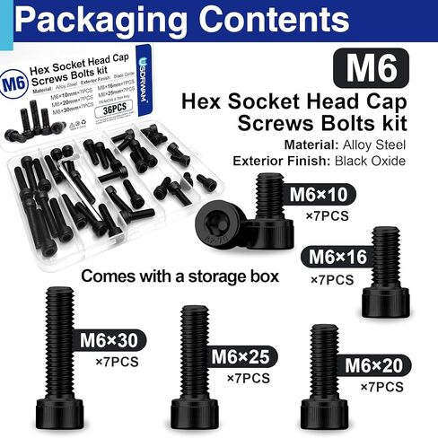 35Pcs M6 Hex Socket Head Screws, Stainless Steel Full Thread Bolts Assortment Kit in 10mm, 16mm, 20mm, 25mm, 30mm in Kuwait