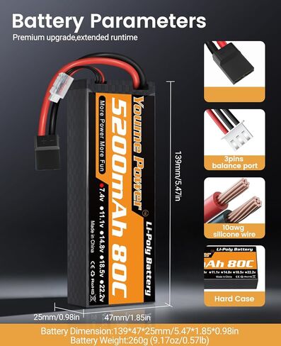 Youme 2packs 4S Lipo Battery، 14.8V 6200mAh Lipo Battery Hard Case 50C مع Tr و T Plug for 1/8 مقياس RC سيارة قارب شاحنة على الطرق الوعرة عربات التي تجرها الدواب Truggy الزاحف الوحش in Kuwait