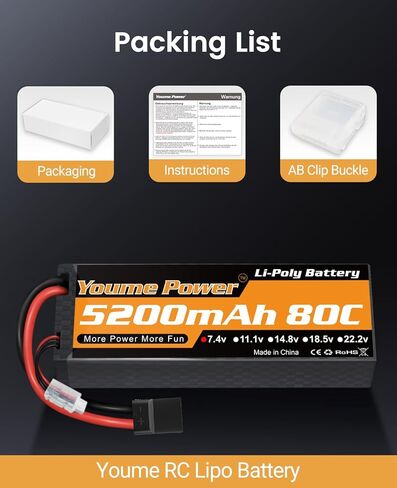 Youme 2packs 4S Lipo Battery، 14.8V 6200mAh Lipo Battery Hard Case 50C مع Tr و T Plug for 1/8 مقياس RC سيارة قارب شاحنة على الطرق الوعرة عربات التي تجرها الدواب Truggy الزاحف الوحش in Kuwait