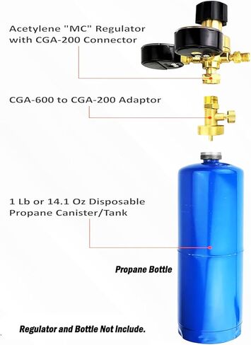 MENSI 1LB Mapp Bottle Propane Adaptor with Valve CGA-600 Female to CGA-200 Connect with MC Acetylene Regulator adapter Thread Male 5/8"-20UNF Valve Kit in Kuwait