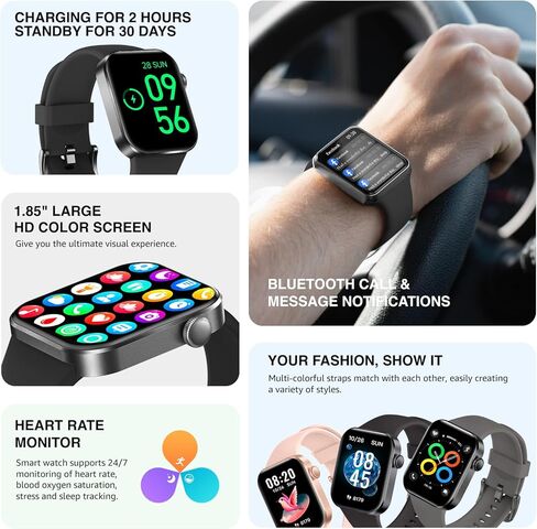 Watch Smart Watch (استدعاء/الاتصال الهاتفي) ، 1.85 "Touch Display Tracker مع شاشة نوم أكسجين في معدل ضربات القلب ، و 147 Modes Sport Smart Wathing مع IP68 مقاوم للماء ، و Counter Watch لـ iOS Android in Saudi Arabia