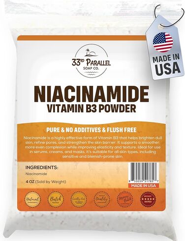 مسحوق النياسيناميد فيتامين ب3 (4 أونصة) يعمل على تفتيح البشرة ويقلل البقع الداكنة ويعزز الكولاجين والترطيب للأمصال والكريمات والتونر والعناية بالبشرة بنفسك | 4 أونصة in Kuwait