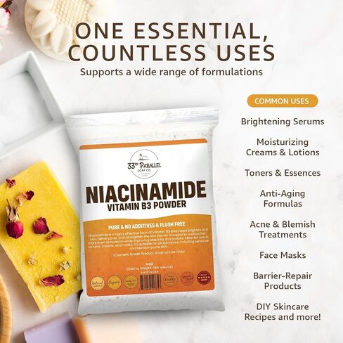 مسحوق النياسيناميد فيتامين ب3 (4 أونصة) يعمل على تفتيح البشرة ويقلل البقع الداكنة ويعزز الكولاجين والترطيب للأمصال والكريمات والتونر والعناية بالبشرة بنفسك | 4 أونصة in Kuwait