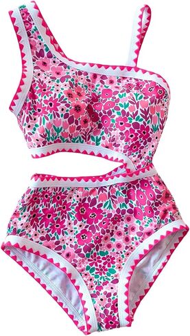 Floerns Girl's Summer One Piece Swimsuit Floral Cut Out Asymmetrical Neck Monokini Swimwear in Saudi Arabia