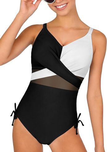 Girls One Piece Swimsuit Criss Cross Mesh Bathing Suits Color Block Big Girls Modest Swimwear with Removable Pads 9-16Y in Kuwait