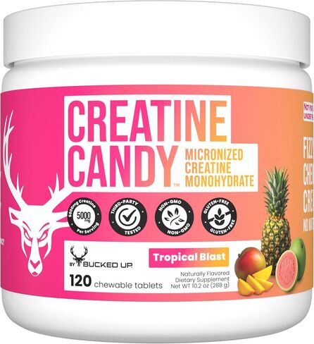Bucked Up Creatine Candy Tropical Blast | Micronized Creatine Monohydrate | 120 Chewable Tablets, 24 Servings | Fizzy Creatine No Water Needed | Non GMO Gluten Free Third Party Tested in Saudi Arabia