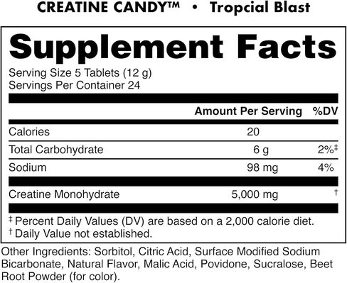 Bucked Up Creatine Candy Tropical Blast | Micronized Creatine Monohydrate | 120 Chewable Tablets, 24 Servings | Fizzy Creatine No Water Needed | Non GMO Gluten Free Third Party Tested in Saudi Arabia