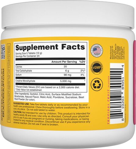 Bucked Up Creatine Candy Tropical Blast | Micronized Creatine Monohydrate | 120 Chewable Tablets, 24 Servings | Fizzy Creatine No Water Needed | Non GMO Gluten Free Third Party Tested in Saudi Arabia