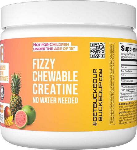 Bucked Up Creatine Candy Tropical Blast | Micronized Creatine Monohydrate | 120 Chewable Tablets, 24 Servings | Fizzy Creatine No Water Needed | Non GMO Gluten Free Third Party Tested in Saudi Arabia