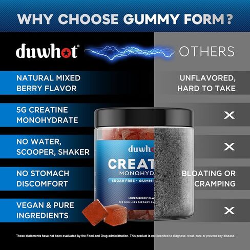 duwhot Creatine Monohydrate Gummies for Men, Creatine Monohydrate Chewables 5g Per Serving, Vegan, Sugar Free, Mixberry Flavor, 120 Count in Kuwait