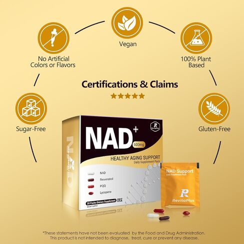 NAD Supplement with Resveratrol, PQQ,Ca-AKG,Nicotinamide,Green Tea, Advanced NAD+ Supplement Daily Pack Support Healthy Mitochondria,Healthy Aging and Cellular Energy for Women & Men 30 Packs in Kuwait