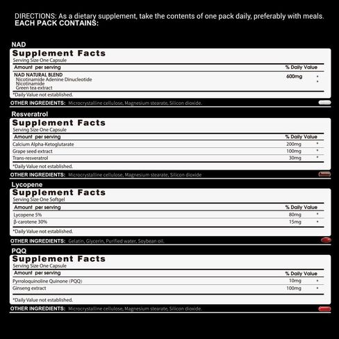 NAD Supplement with Resveratrol, PQQ,Ca-AKG,Nicotinamide,Green Tea, Advanced NAD+ Supplement Daily Pack Support Healthy Mitochondria,Healthy Aging and Cellular Energy for Women & Men 30 Packs in Kuwait