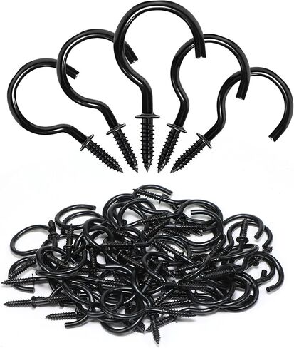 100 حزمة من الخطافات اللولبية شديدة التحمل مقاس 1 بوصة، وخطافات السقف والجدار لتعليق النباتات والأكواب وأدوات المطبخ والديكور - فولاذ كربوني أسود، للاستخدام الداخلي والخارجي in Kuwait