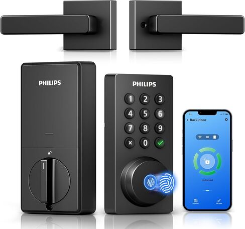 Philips WiFi Deadbolt Smart Lock with Handle, APP/Voice/Fingerprint/Passcode/Key Unlock, Smart Locks for Front Door with Handle Set, Backlit Keypad Deadbolt, Keyless Entry, Remote Control, Auto-Lock in Kuwait