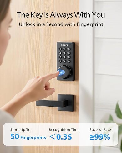 Philips WiFi Deadbolt Smart Lock with Handle, APP/Voice/Fingerprint/Passcode/Key Unlock, Smart Locks for Front Door with Handle Set, Backlit Keypad Deadbolt, Keyless Entry, Remote Control, Auto-Lock in Kuwait