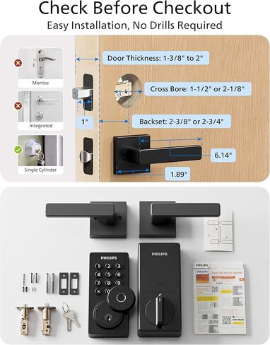 Philips WiFi Deadbolt Smart Lock with Handle, APP/Voice/Fingerprint/Passcode/Key Unlock, Smart Locks for Front Door with Handle Set, Backlit Keypad Deadbolt, Keyless Entry, Remote Control, Auto-Lock in Kuwait