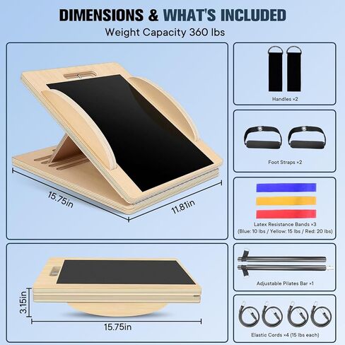لوح خشبي مائل متعدد الاستخدامات، قابل للتحويل إلى لوح التوازن والبيلاتيس، زوايا قابلة للتعديل، يتضمن مجموعة بيلاتيس كاملة، يدعم ما يصل إلى 360 رطلاً، تمدد ربلة الساق، القرفصاء، الركبة، الكاحل، الكعب والساق in Kuwait
